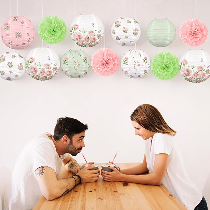 13PCS Spring Wildflower Bridal Shower Party Decorations Rose Paper Lanterns Pom Poms Valentines Day Garden Home Indoor Outdoor Decor