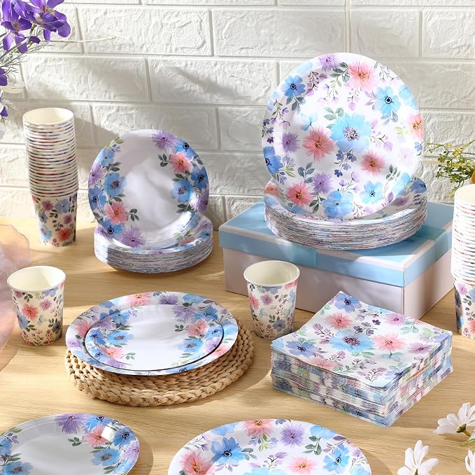 Ziliny 250 Pcs Spring Flower Party Decorations Include Watercolor Floral Paper Plates Napkins and Cups for Summer Wedding Baby Shower Tea Decorations, Serve 50 Guest
