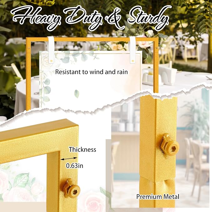 MorningRo Wedding Welcome Sign Stand 50”x30”x20” Welcome to Our Wedding Sign Holder with 2 Leather Straps Easel Stand for Signs Metal Display Poster Holder for Ceremony Party(White, Gold)