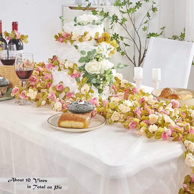 PONKING 8 Pcs x 8.2 ft Flower Garland Artificial Rose Vine Flowers with Green Leaves Hanging Fake Roses Vine for Room Party Home Wedding Birthday Christmas Wall Arch Decor, Champagne Pink Flower