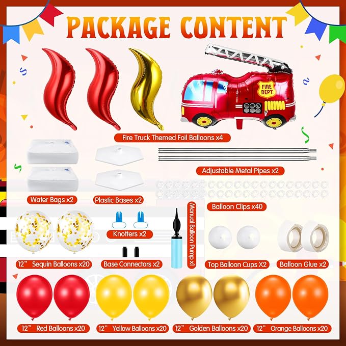 Kasyat 2 Set Fire Truck Party Balloon Column Stand Kit with 2 Fire Truck and 100 Latex Balloons, fire Truck Party Supplies for Wedding Baby Shower Birthday Party