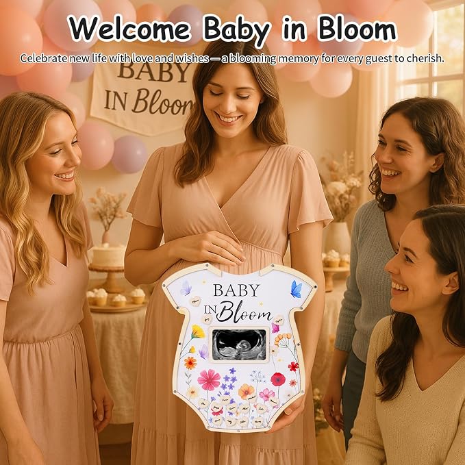 Baby in Bloom Baby Shower Decorations,Wildflower Baby Shower Guest Book Alternatives with Butterfly Pen,Photo Frame and 60 Heart Wood Slices for 60 Guests,Gender Reveal Decorations