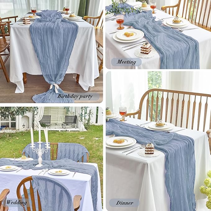 IVAPUPU 4 Pcs Cheesecloth Table Runner - 10ft Dusty Blue Spring Boho Gauze Cheese Cloth Table Runners for Baby Shower Decoration Wedding Party Garden Farmhouse