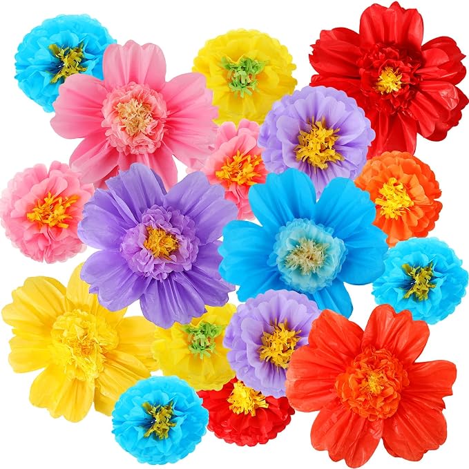 Crowye 12 Pcs Large Colorful Tissue Paper Flowers Decorations Giant Fiesta Craft Crepe Paper Flowers for Wall Decor Backdrop Mexican Wedding Birthday Carnival Party (10'' 20'',Cute Color)