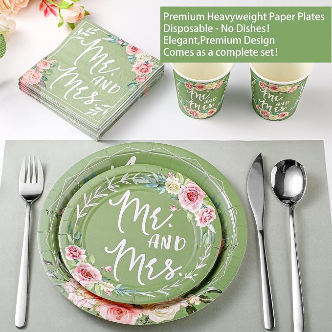 Zhehao 250 Pcs Mr. and Mrs. Bridal Shower Plates Napkins Sets 50 Pcs 9'' Dinner Plates and 7'' Dessert Plate and 9oz Cups 100 Napkins Serves 50 Party Supplies Bridal Shower Engagement Decoration