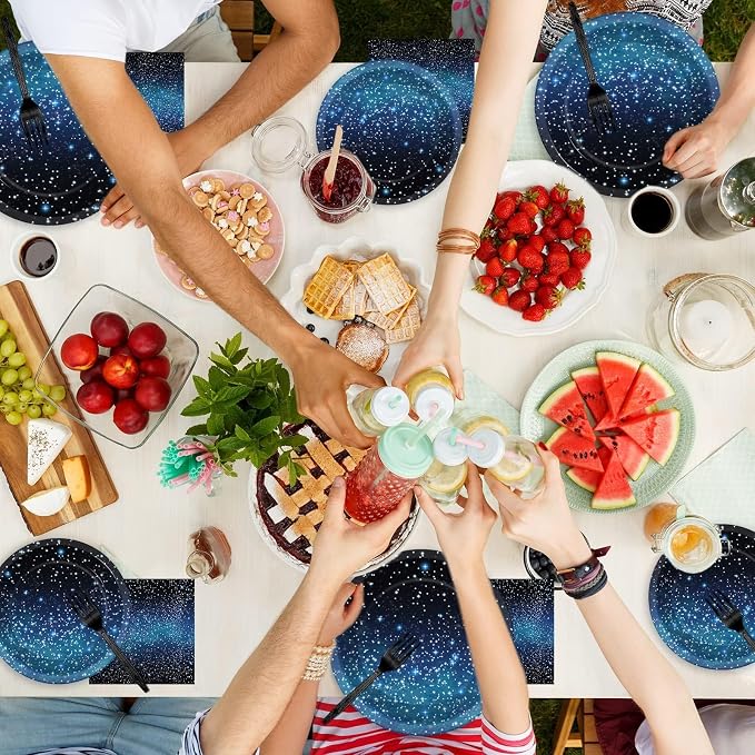 50 Guests Galaxy Party Starry Night Supplies Tableware Set Outer Space Theme Birthday Star Party Table Decorations Solar System Paper Plates Napkins Forks,192pcs