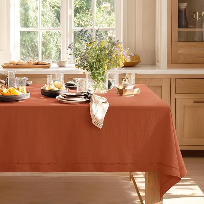 Linen World Fall Linen Tablecloth 108" x 60" Inch,French Linen Washable Rectangular Table Cloth for Dining,Outdoor, Weddings and Restaurants,Decorative Thanksgiving Christmas,Caramel Hemstitch