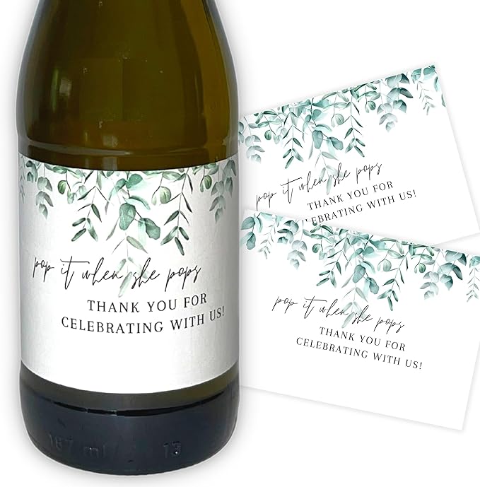 Pop It When She Pops Mini Bottle Stickers | 12 Count | 2”x 3” Size | Champagne Bottle Stickers | Baby Shower Party Favors | White with Greenery Design
