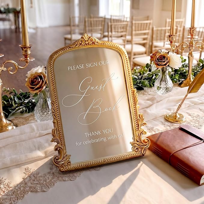 Bucherry Vintage Love Wedding Sign Please Sign Our Guest Book Mirror Plaque Elegant Resin Frame with Mirror 12" x 7.5" Baroque Reception Decor Gold Table Centerpiece