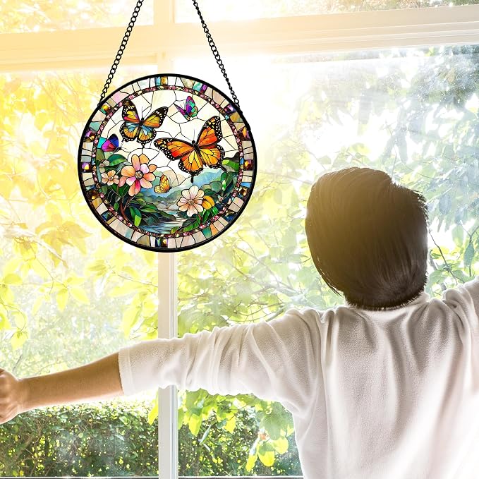 DASTOLL Stained Glass Window Hanging, Butterflies Flying in the Sky Suncatcher for Doors Home Sun Catchers Decoration and Christmas, Mother's Day Birthday Gifts for Women, Men, and Mom 7.8 in