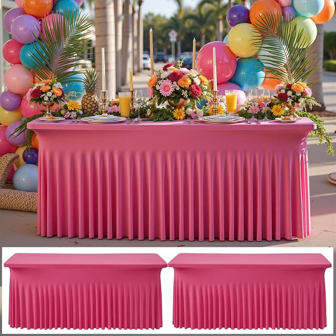 NSSONBEN 2 pk Hot Pink Spandex Tablecloth for 6 Foot Rectangle Tables, Wrinkle Free Fitted Spandex Table Covers 6ft Stretch Table Cloths with Ruffle Skirt for Parties Weddings Banquet Baby Shower