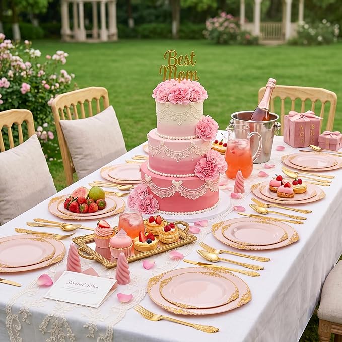 102PCS Pink Plastic Plates - Pink and Gold Plate - Heavyweight Disposable Plate with Gold Rim - Fancy Dinner & Dessert Plates for 51 Guests Weddings & Parties