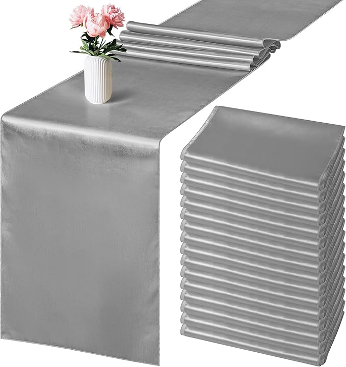Aneco 4 Pack Satin Table Runner 12 x 108Inch Long Bright Silk and Smooth Fabric Party Table Runner for Wedding Banquet Party Decoration-Silver Gray
