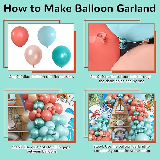 Tropical Balloon Garland Arch Kit, 144pcs Retro Orange Pastel Aqua Teal Blue Rose Gold Turquoise Metallic Dark Green Balloon for Birthday Hawaiian Luau Baby Shower Summer Theme Party Decoration