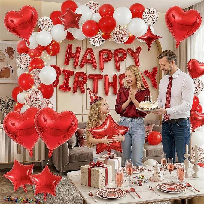 Red White Birthday Decorations for Women Girls Dark Red Metallic Pearl Whte Confetti Party Balloon Happy Birthday Banner Heart Foil Balloons 18/10 Inch Star Balloons for Bday Party Supplies