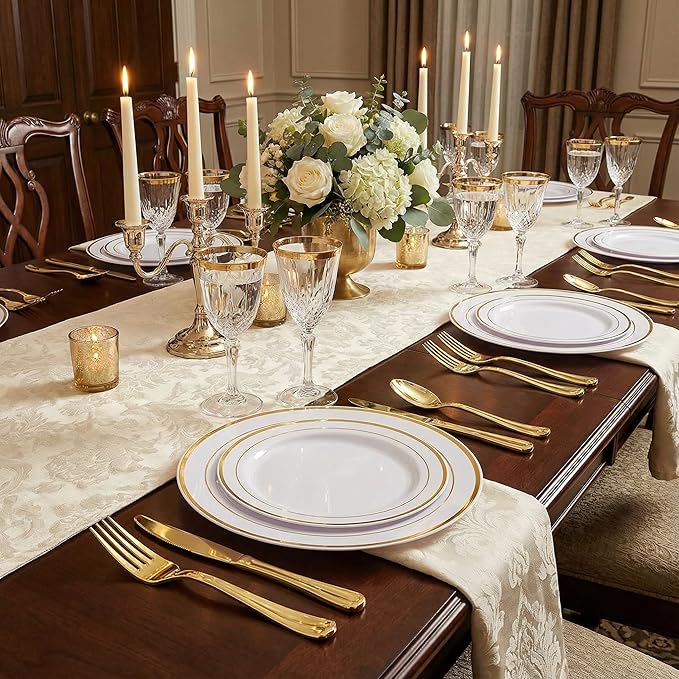 Supernal 400pcs Gold Plastic Plates for 50 Guests Heavy Duty Disposable Party Plates, 200 Gold Plastic Silverware, Linen Napkins, Clear Cups For Valentine's Day Mother's Day and Easter