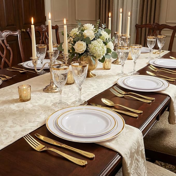 Supernal 102pcs White and Gold Plastic Plates,Disaposable Plates Heavy duty,Fancy Gold Plastic Dinnerware Set included 51 Dinner & Dessert Plates for Valentine's Day Mother's Day and Easter