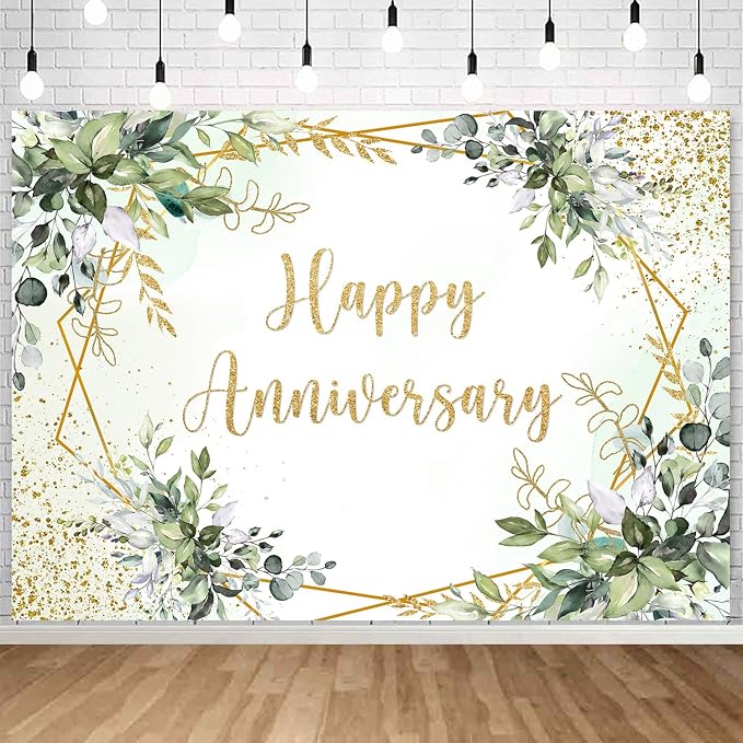 Withu Happy Anniversary Backdrop Sign Decorations Banner Sage Green Gold Photography Background Leaves Marriage Memorial 10 Years 25th 30th 40th 50th 60th Wedding Day Backdrops 6x4ft