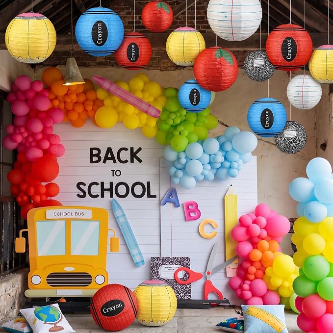 Retisee 12 Pcs Back to School Classroom Paper Lanterns 10 Inch Classroom Hanging Decoration Pencil Crayon Apple Decorative Lanterns Ceilings Decor for First Day of School Welcome Party Supplies