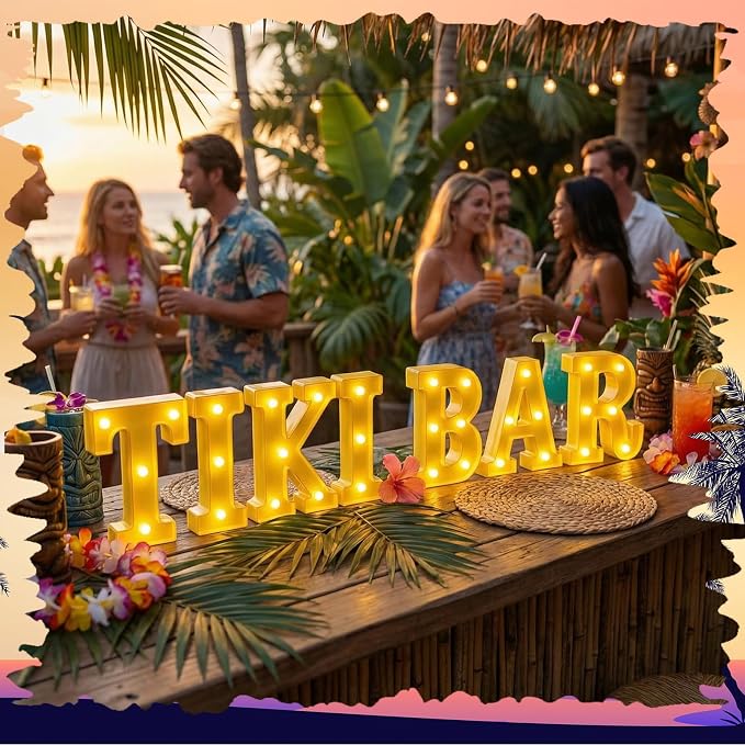 Honoson 7 Pcs Hawaiian Luau Tiki Party Decoration Tiki Bar LED Light Sign Hawaii Summer Tropical Table Lights up Sign for Summer Pool Beach Hawaiian Themed Party Supplies