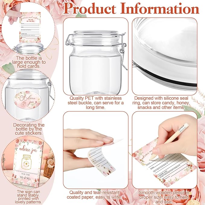 Jetec 74 Pcs Advice and Wishes for the Mr and Mrs 60 Pcs Wedding Advice Cards Advice and Wishes Jar Box Bridal Shower Advice and Wishes Cards for Bride and Groom Bridal Shower Decor(Pink Floral)