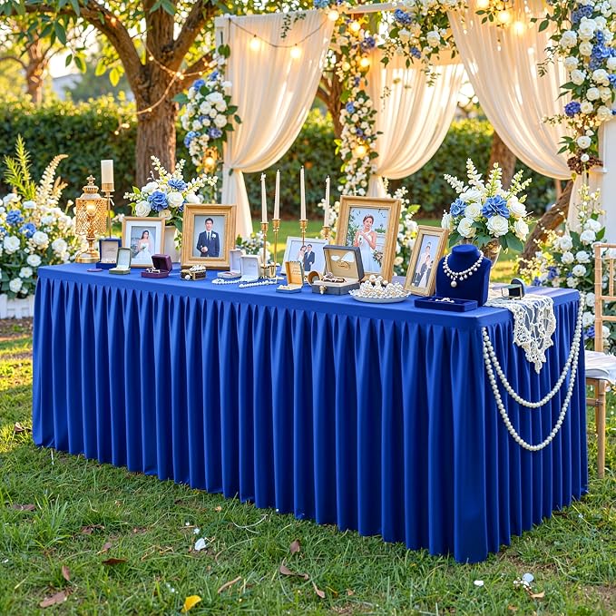 Royal Blue Polyester Table Cloths for Rectangle 6 Foot Tables, 2 Pack Wrinkle Free Tablecloths Stretchy Banquet Ruffle Fitted Table Cover Desk Skirt for Parties Wedding Birthday Baby Shower
