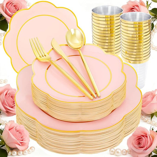 ejonirinjonir EI 180pcs Pink Plastic Plates with Gold Plastic Silverware,Heavy-Duty Disposable Plates for Party,White Dinnerware Set for 30 Guest Wedding,Birthday,Valentine's Day