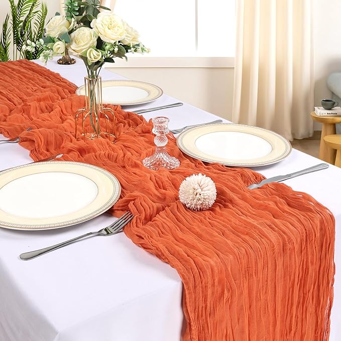 12 Pack 10FT Orange Cheesecloth Table Runner 120 Inch Long Gauze Rustic Boho Spring Cheese Cloth Table Runner Sheer Fabric Decorations for Holiday Party Wedding Banquet Bridal Baby Shower Décor
