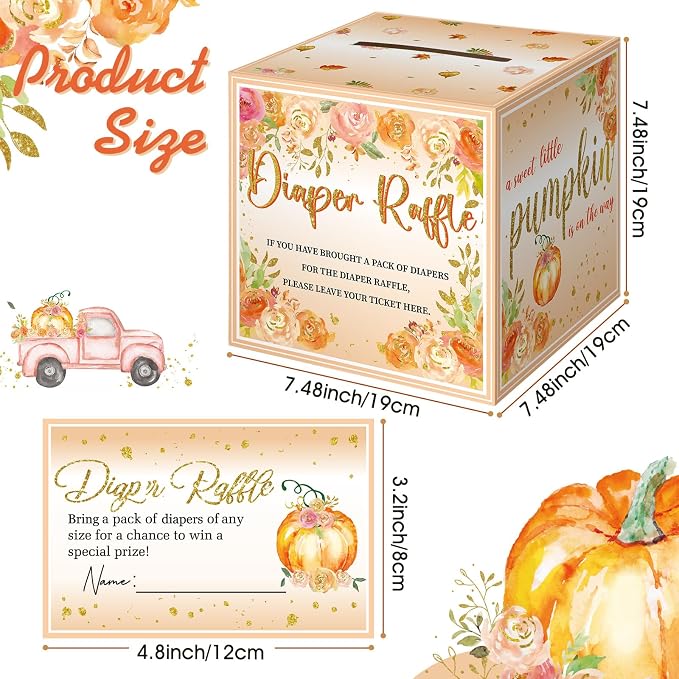 Teling 51 Pieces Diaper Raffle Tickets with Card Box Baby Shower Decorations Baby Shower Holder Box for Girl Boy Diaper Raffle Party(Pumpkin)