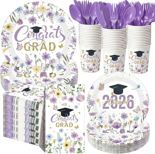 400 Pcs Class of 2026 Purple Floral Graduation Decoration for 50 Guests, Purple Gold Flower Graduation Paper Plates Napkins Cups Cutlery Grad Tableware for 2026 Congrats Grad Party Supply