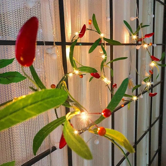 Artificial Chili String Lights Pepper Hanging Vines Plant Garland Artificial Foam Berries Chili Light Battery Powered for Home Garden Wedding Party Decor (X-Chili Vine Light, 2 Pack)