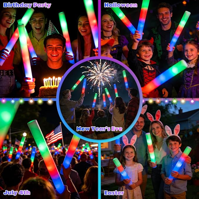 SHQDD 72PCS Foam Glow Sticks Bulk, Light Up in the Dark Party Supplies with 3 Colorful Flashing Modes, Glow Party Pack for Wedding, Birthday, Raves, Concert, New Year, Carnival, Halloween, Christmas