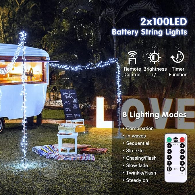 JMEXSUSS 2 Pack White Battery Operated String Lights, Each 33ft 100 LED Wedding Lights Outdoor Indoor, 8 Modes Christmas Lights with Remote Waterproof for Wedding Front Porch Yard House Room Decor