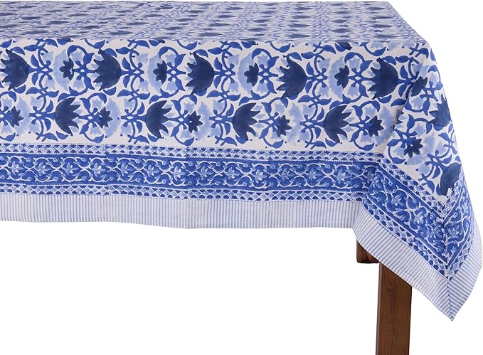 ATOSII Positano Blue 100% Cotton Rectangle Fall Tablecloth, Handblock Floral Linen Table Cloth for Kitchen Dining Table I Parties Wedding Christmas Thanksgiving I Fall Decor 60 X 108 Inches I 8 Seater