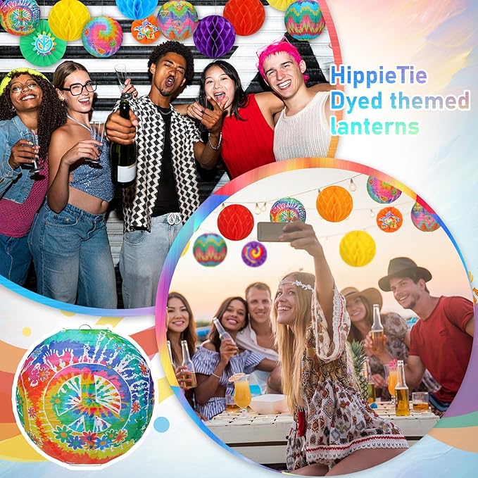 Retisee 18 Pcs 70s Hippie Party Decorations Hanging Paper Lanterns Tie Dye Groovy Honeycomb Tissue Groovy Retro Flower Peace Sign Paper Fans for 60s 70s Birthday Party Decoration (Hippietie, Tie Dye)