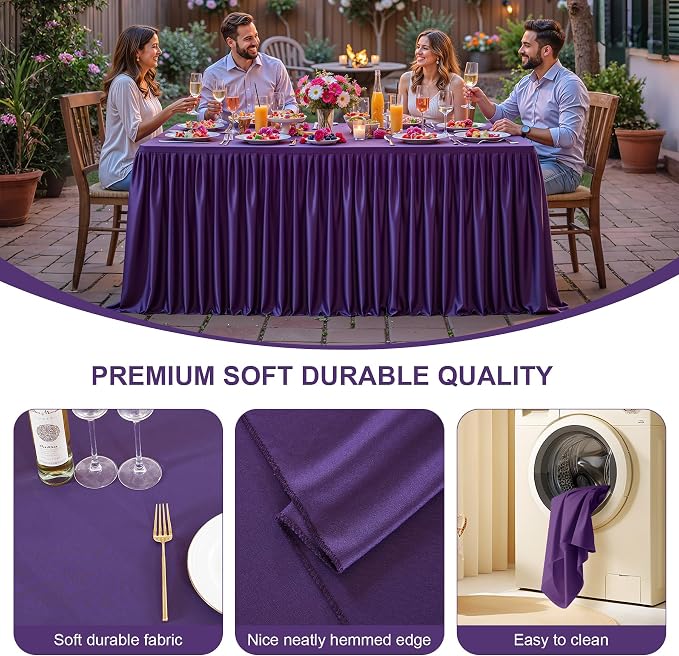 2 Packs Purple Polyester Tablecloths Rectangle Tables 8ft, Stretch Fitted Table Covers for 8 Foot Tables Wrinkle Free Rectangle Table Cloth with Skirt for Birthday Party Events Banquet Baby Shower
