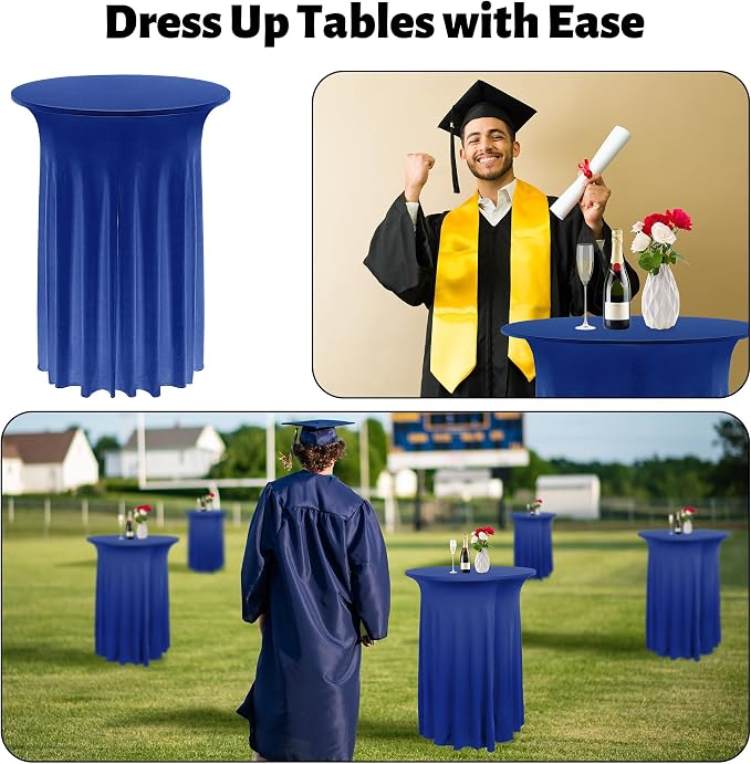 Kochorie 4 Pieces Cocktail Table Skirt Round Cocktail Table Covers 32 x 43 Inch Spandex Stretch High Top Table Cloth for Graduation Wedding Table Bar Banquet Party Supplies (Navy Blue)