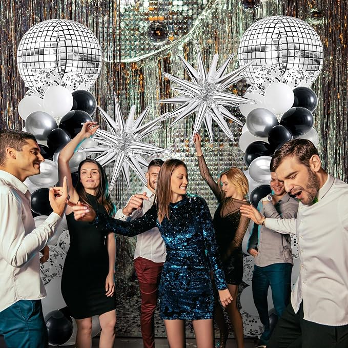 2 Sets Disco Balloon Column Stand Kits Adjustable Black and Silver Balloons Column Kit with Disco Ball Explosion Star 80s Party Themed Tower Stand Kit for Birthday Party Retro Dance Supplies