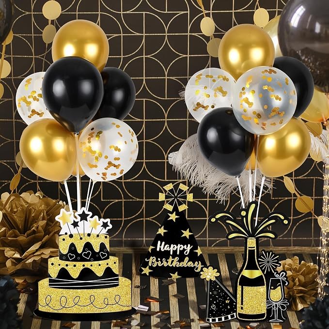 6 Sets Birthday Balloon Stand Kit for Table Happy Birthday Black Gold Balloon Centerpiece Decor Black and Gold Balloon Stand Kit for 40th 50th 60th 70th Birthday Party Decoration