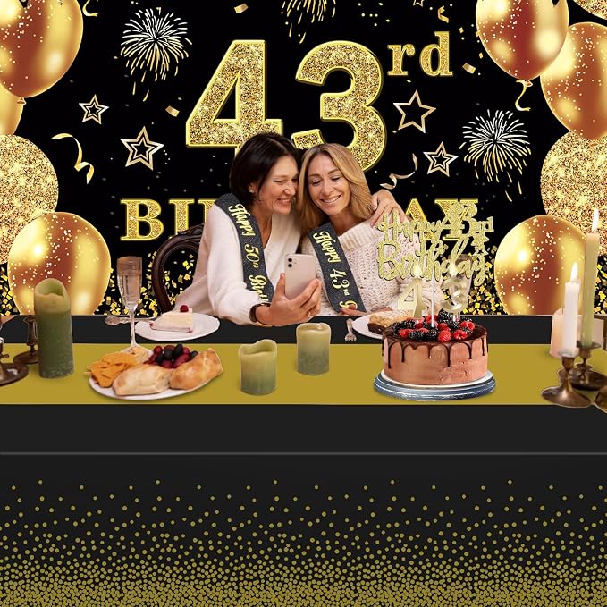 43rd Birthday Decorations Men Women with 43rd Birthday Banner, Black and Gold Table Cloth, Number Balloons, Large Sash, Cake Topper and Candles