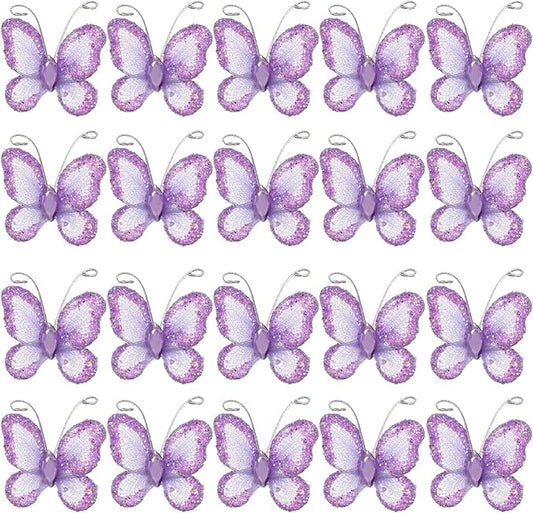 Beaupretty 50pcs Butterflies, DIY Craft Sheer Mesh Wire Glitter Butterfly with Gem for Wedding Home Decor Party (Purple)