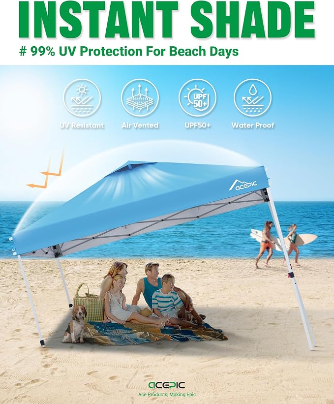 Acepic 10x10 Pop Up Canopy Tent,300D Silver-Coating Top,Pop Up Canopy Tent Instant Portable Shelter with 1-Button Push and Wheel Carry Bag, 8 Stakes and 4 Upgraded Canopy Weights (Serene Blue, 10x10)