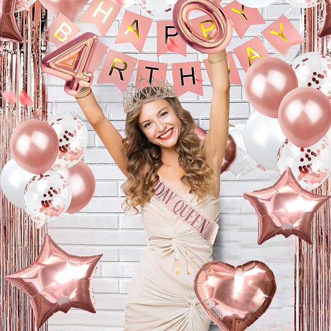 255 Pcs Rose Gold 40th Birthday Decorations for Women – Party Decoration Supplies Kit with “Happy Birthday” Banner, Balloons, Crown, Sash, Cake Topper, Tableware & Fringe Curtain for 25 Guests