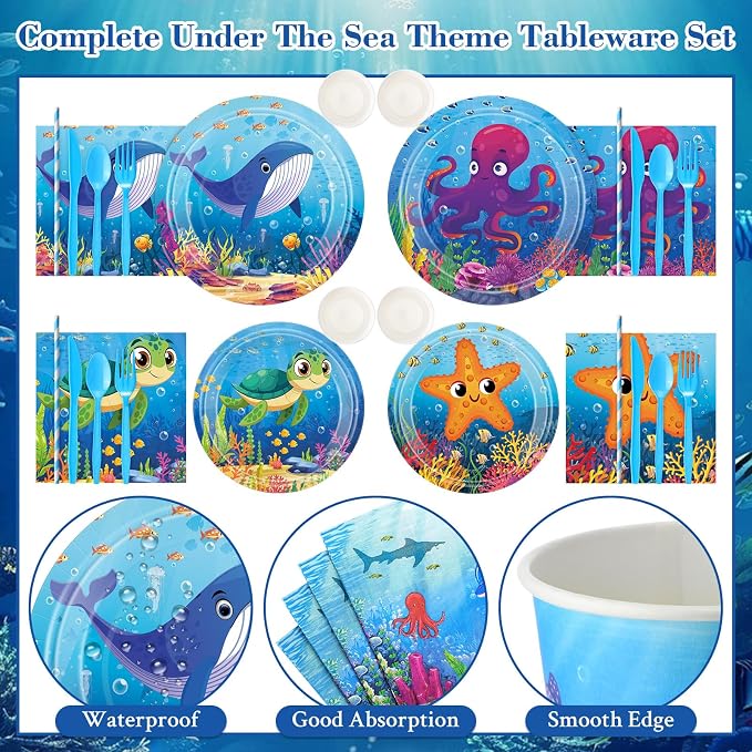 450 Pcs Under the Sea Tableware Set Party Decorations Ocean Birthday Paper Plates Napkins Cups Cutlery Straws for Sea Animal Theme Underwater Creatures Beach Party Supplies, Serves 50