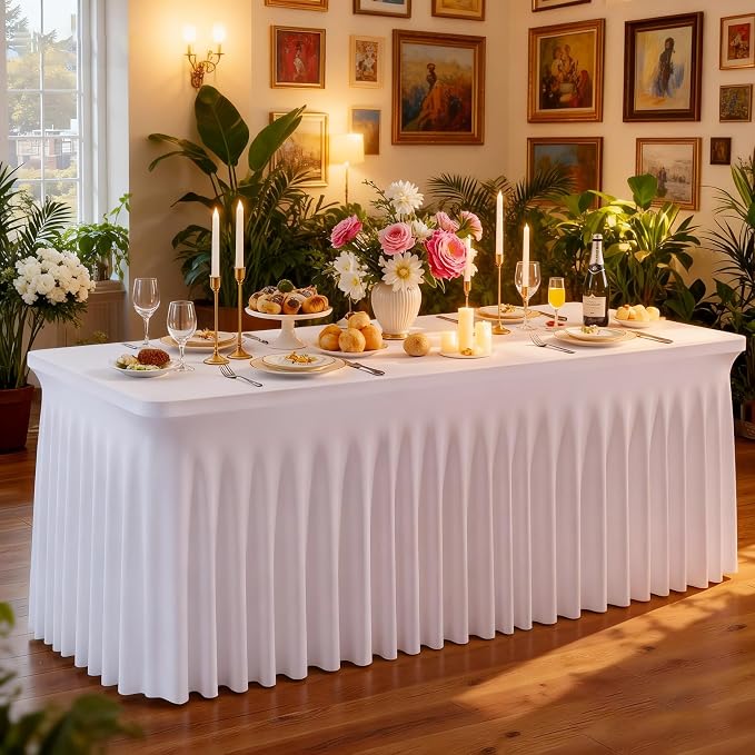 2 Packs White Spandex Tableclothes for 6 Foot Rectangle Tables, Wrinkle Free 6ft Fitted Table Cover Stretch Table Cloth Desk Skirt for Weddings Baby Shower Birthday Party Banquet Decorations