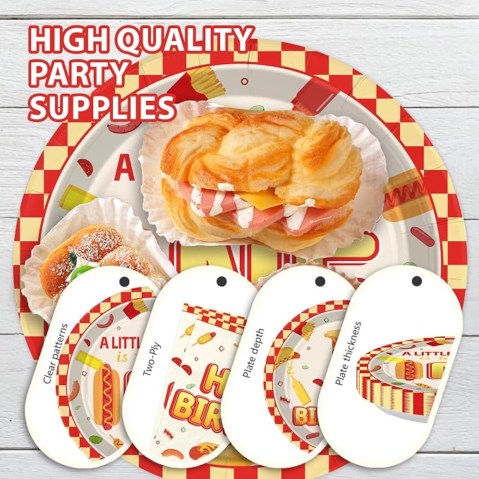 96Pcs Hot Dog 1st Birthday Party Supplies A Little Hotdog Is Turning One Plates and Napkins Fast Food Sausage Disposable Tableware Set for Kids One Year Old Birthday Baby Shower Decorations Serves 24
