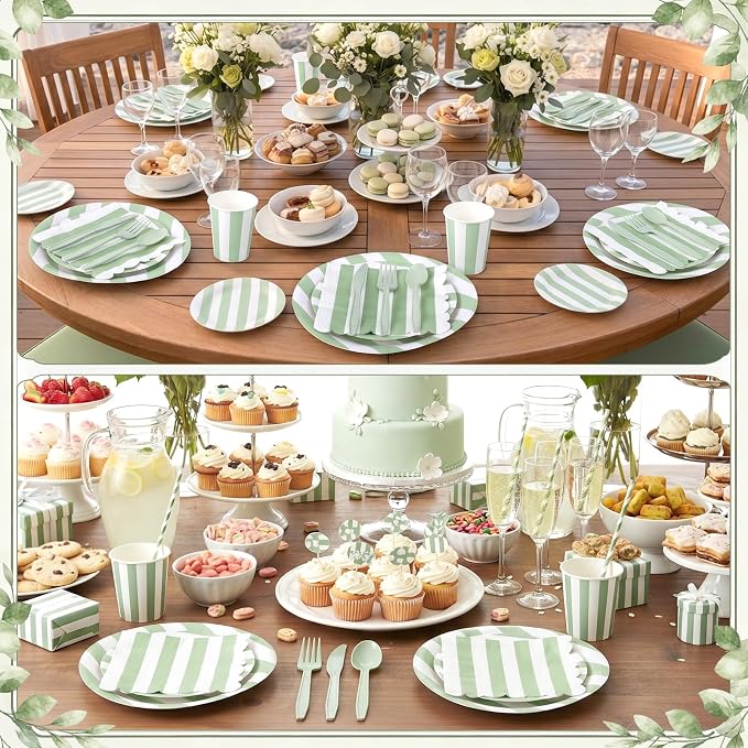 Mimorou 175 Pcs Sage Green Party Supplies for 25 Guests, Disposable Tableware Set with Green White Striped Paper Plates Napkins Cups Spoon Fork Knife for Baby Shower Birthday Bridal Party