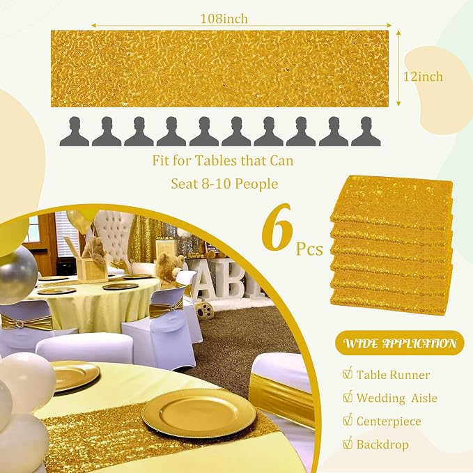 6 Pack Sequin Table Runner 12" x 108" Sparkle Table Runner Sequin Runners for Baby Bridal Shower Wedding Birthday Party Table Decor (Gold)