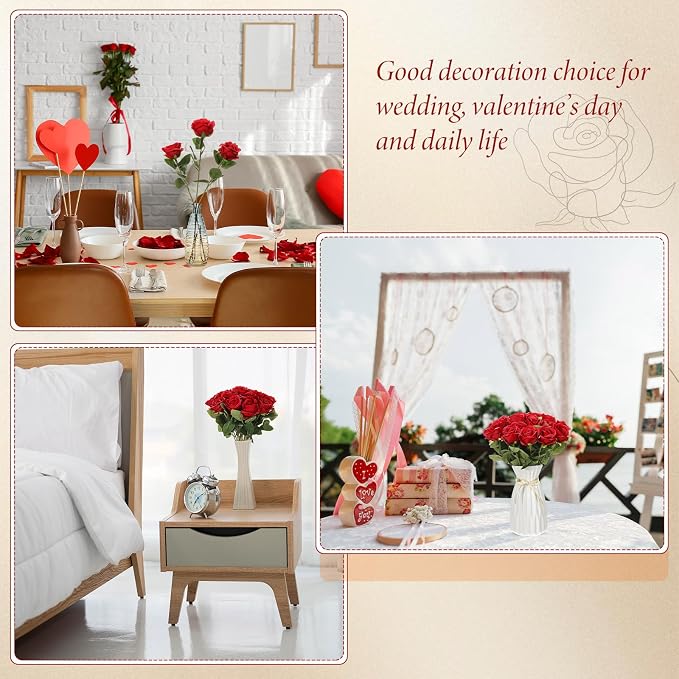 Hotop 20 Pcs Artificial Rose Flowers with Long Stem, Real Lifelike Silk Realistic Plastic Bouquet Roses Bulk for Home Decor Bridal Wedding Party Table Centerpieces Decorations(Red)