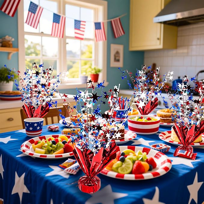 FUBININA 6 Pack 4th of July Table Centerpiece Decoration Metallic Foil Spray Star Burst Patriotic Decor 250th Anniversary Independence Day Labor Veteran Memorial Day Party Supplies, Red White and Blue